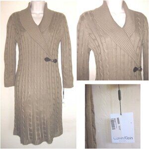 NWT Sweater dress S Brown Faux wrap  Buckle Shawl collar Tan Cables Calvin Klein